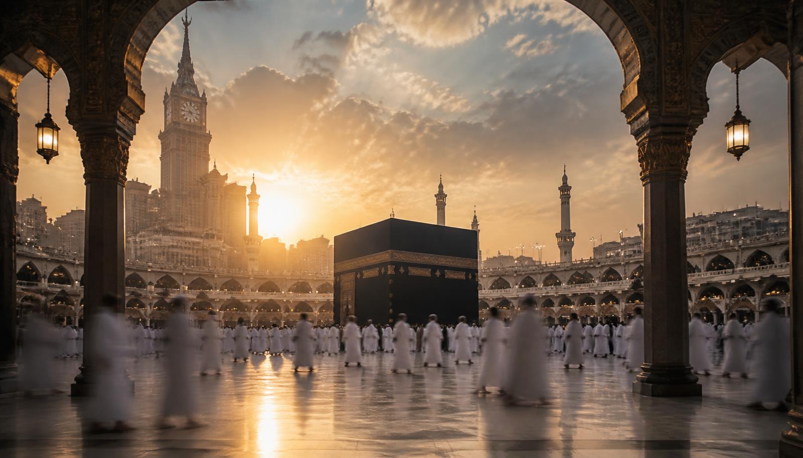 The Kaaba in Mecca at dawn, with pilgrims in white ihram and warm golden light